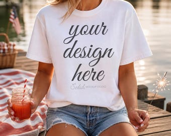 Comfort Colors 1717 White Shirt Mockup Independence Day 4th of July Shirt Mockup Americana Summer Lake Mockup