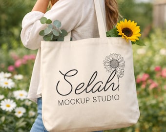 Cotton Canvas Tote Bag Mockup: Spring Lifestyle Display (Digital Download)