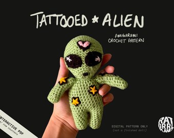Tattooed Alien Amigurumi Crochet Doll Pattern | Interactive Digital PDF Pattern w/ Row Counters | Quirky & Alternative | RatGrrlPlanet