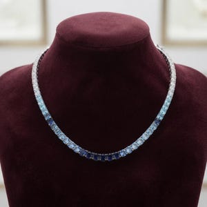 Gradient Blue and White Round Cut Tennis Necklace / Graduated Sapphire Blue Crystal Tennis Chain Necklace / Statement Collar Necklace