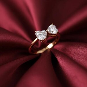 May include: A gold ring with two heart-shaped, clear gemstones. The ring is set against a deep red, silky fabric, creating a romantic and elegant display. The gemstones sparkle, catching the light.