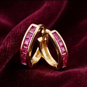 14k Gold Plated Ruby Pink Princess Cut CZ Huggie Hoop Earrings Channel Set
