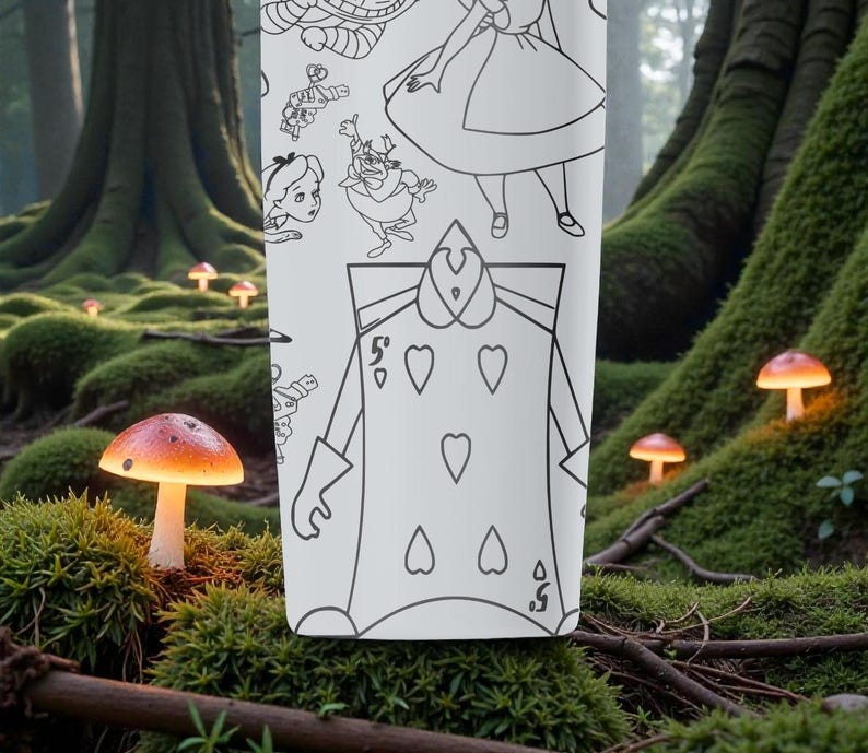 May include: A white tumbler featuring black line art illustrations of characters from Alice in Wonderland. The design includes Alice, the Queen of Hearts, and other whimsical figures. The background shows a forest scene with glowing mushrooms.