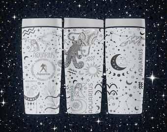 Aquarius Zodiac SmoothSip Slider Insulated Stainless Steel Coffee Tumbler – 12oz 20oz – Celestial Astrology Line Art Cup