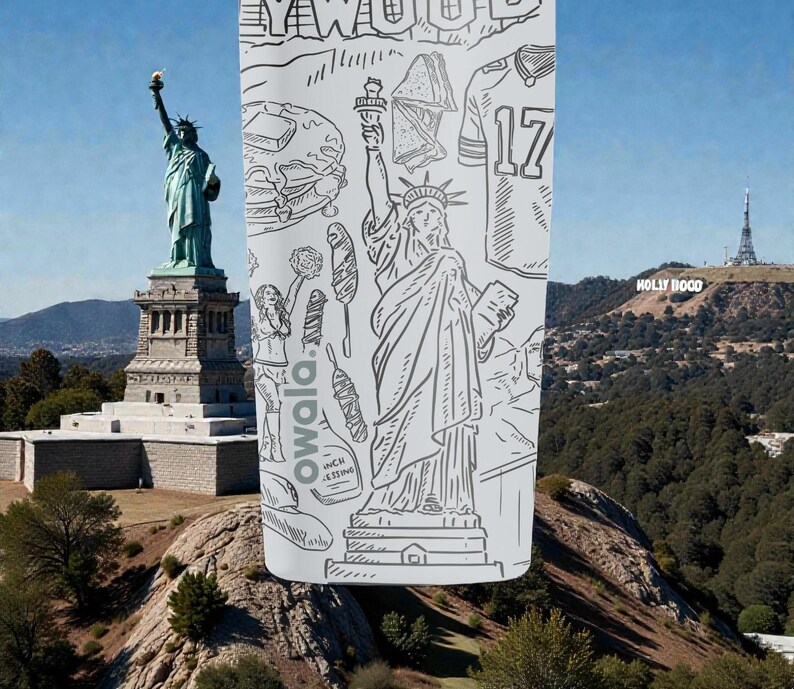 May include: A white Owala water bottle featuring a black and white line drawing of the Statue of Liberty, a football jersey with the number 17, and other American icons. The background shows the Statue of Liberty and the Hollywood sign.