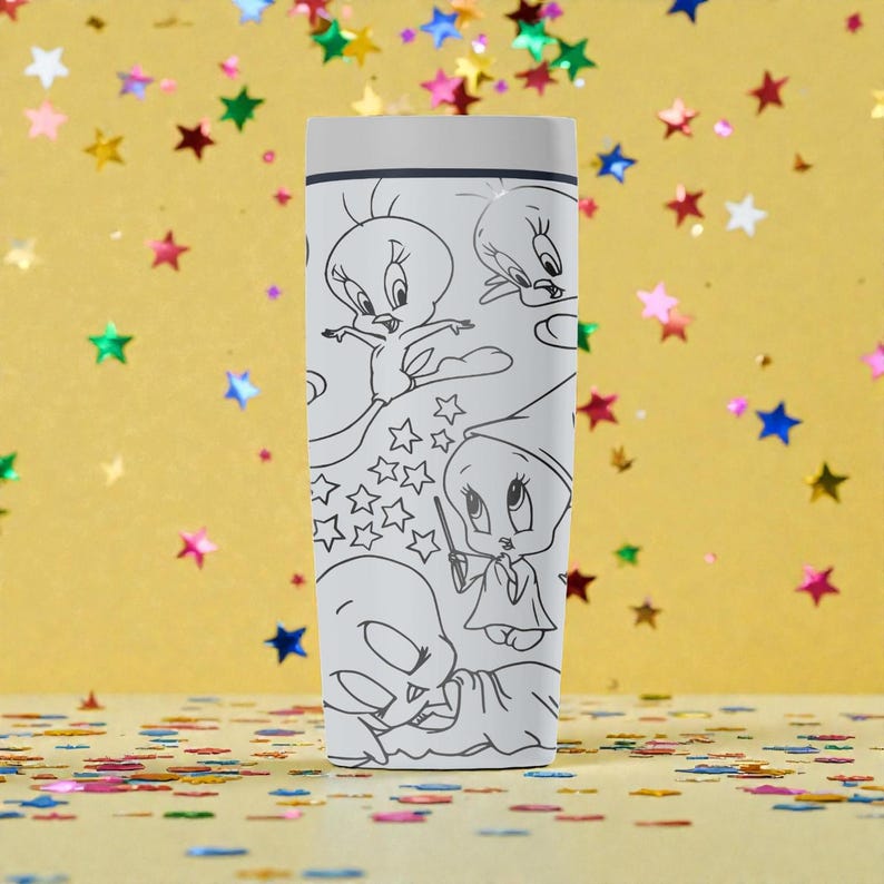 May include: A white tumbler featuring black line art of the cartoon character Tweety Bird in various poses. The design includes stars and other elements. The tumbler has a white lid and a cylindrical shape.