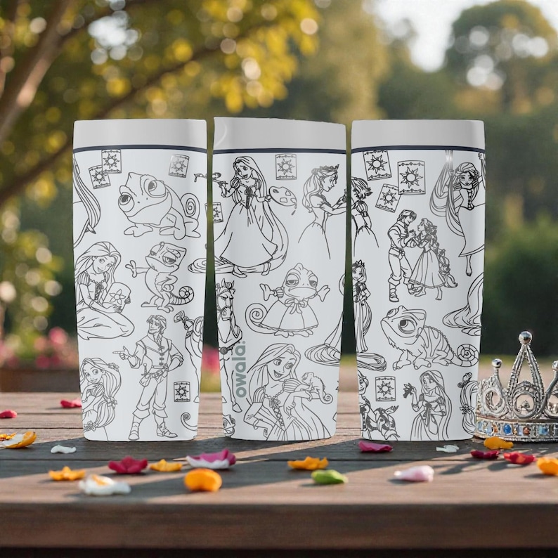 May include: Three white insulated tumblers with black line art of Disney princesses and characters. The tumblers are decorated with images of Rapunzel, Cinderella, and other princesses. The tumblers are cylindrical and have a white lid.