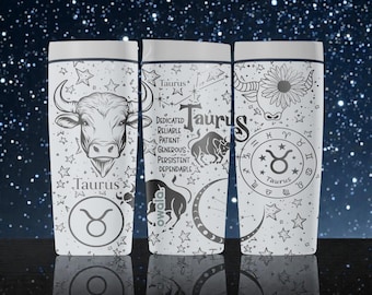 Gravierte Stier Sternzeichen Bulle Owala SmoothSip Slider Edelstahlbecher - 12 Unzen 20 Unzen - Astrologie Wasserflasche - Stier Geschenk