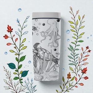 May include: A white water bottle with a black and white illustration of an octopus, sea turtle, and starfish. The bottle is surrounded by colourful floral and plant illustrations, with bubbles in the background.