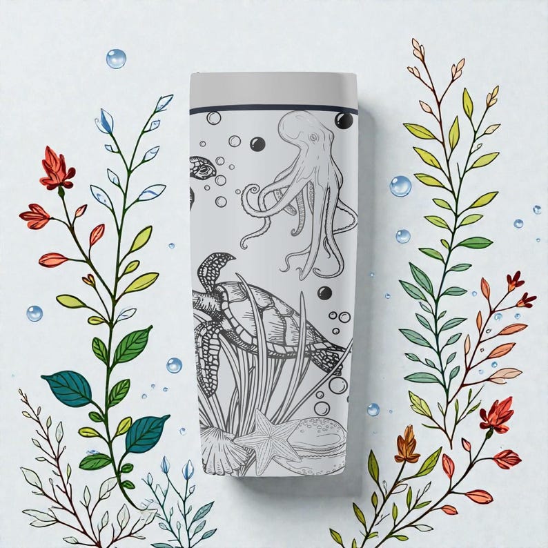 May include: A white water bottle with a black and white illustration of an octopus, sea turtle, and starfish. The bottle is surrounded by colourful floral and plant illustrations, with bubbles in the background.