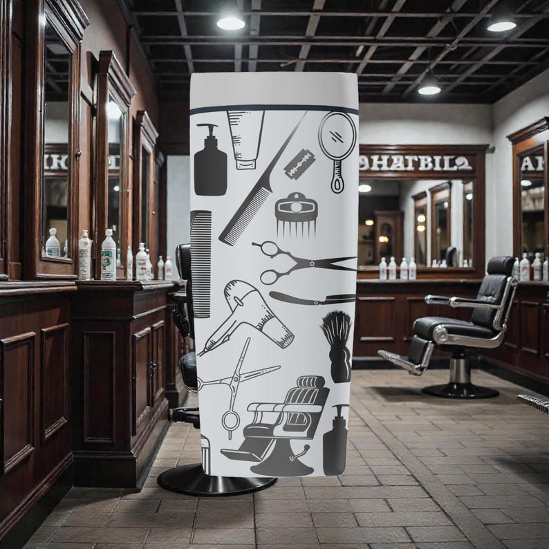 May include: A white barber shop display stand featuring black silhouettes of barber tools, including scissors, razors, and hair dryers. The stand is in a barber shop setting with chairs and mirrors.