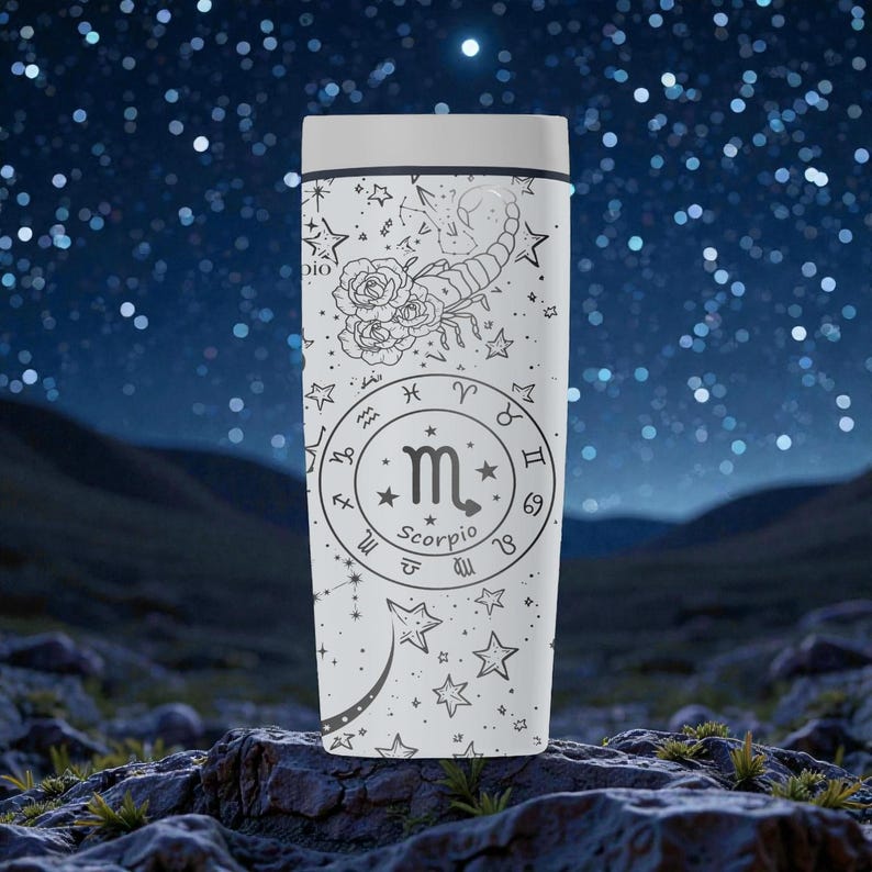 May include: A white travel mug featuring a black Scorpio zodiac design. The design includes a scorpion, roses, stars, and the Scorpio symbol. The mug has a white lid and is set against a starry night background.