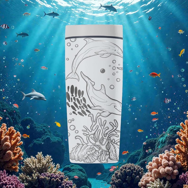 Graverad delfinhavsscen Owala SmoothSip Slider Isolerad rostfri stålmugg – 355 ml 600 ml – Sea Life vattenmugg present bild 4