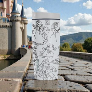 May include: A white Owala insulated water bottle featuring black line art of a princess and other characters. The bottle has a white lid and a black and white design. The background shows a castle and a blue sky.
