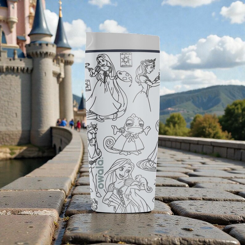 May include: A white Owala insulated water bottle featuring black line art of a princess and other characters. The bottle has a white lid and a black and white design. The background shows a castle and a blue sky.