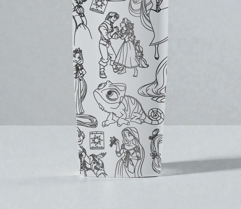 May include: White tumbler featuring black line art illustrations of characters and elements from a fairy tale. The design includes a princess, a prince, a chameleon, and other related imagery.