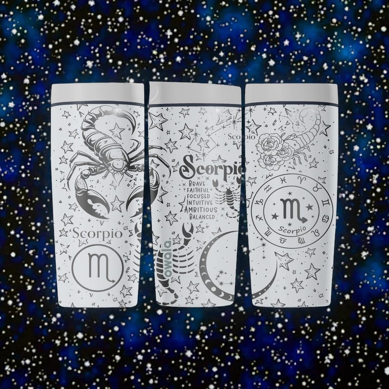 May include: Three white water bottles with black Scorpio zodiac designs. Each bottle features a different illustration of a scorpion, stars, and the word "Scorpio". The bottles also include the Scorpio symbol and a list of traits.