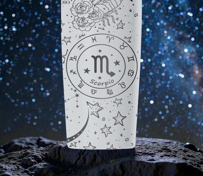 May include: A white tumbler featuring a black Scorpio zodiac design. The design includes the Scorpio symbol, zodiac signs, stars, and floral illustrations. The tumbler is set against a starry background.