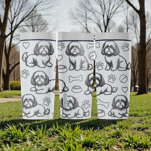 May include: Three white tumblers with a Shih Tzu dog design. The design includes paw prints, hearts, dog bowls, and bones. The dog is depicted in various poses. The tumblers are cylindrical and appear to be made of a durable material.