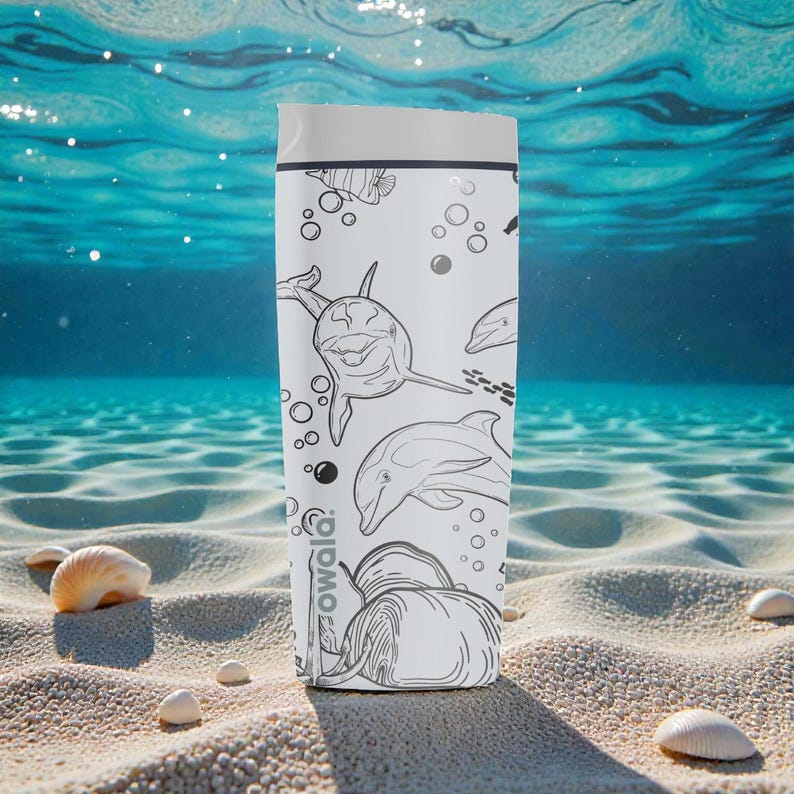 Graverad delfinhavsscen Owala SmoothSip Slider Isolerad rostfri stålmugg – 355 ml 600 ml – Sea Life vattenmugg present bild 5