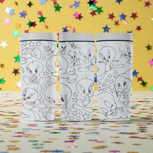 May include: Three white water bottles with a black and white cartoon design featuring Tweety Bird and star shapes. The bottles have a white lid and the brand name "owala" is visible on one of the bottles.