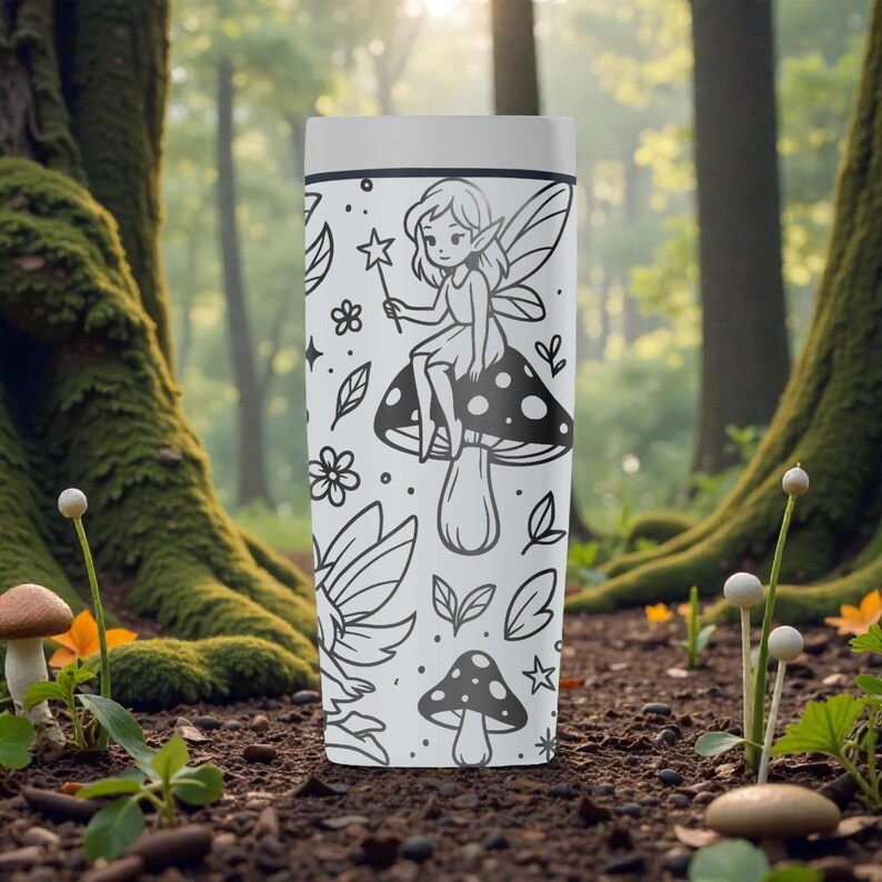 May include: White travel mug with a black and white fairy illustration. The design includes a fairy on a mushroom, flowers, and leaves. The mug is cylindrical with a white lid. The mug is suitable for hot or cold drinks.