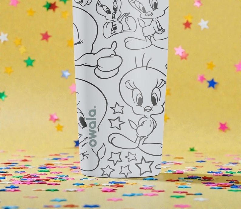 May include: A white Owala water bottle featuring black and white line art of Tweety Bird and other Looney Tunes characters. The bottle has a variety of star shapes and the word "owala." The background is yellow with colorful confetti.