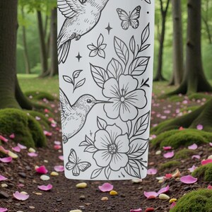 Puede incluir: Un vaso blanco con un dise&ntilde;o floral en blanco y negro, que incluye colibr&iacute;es y mariposas. El dise&ntilde;o presenta ilustraciones detalladas de flores, hojas y estrellas. El vaso es cil&iacute;ndrico y parece estar hecho de un material duradero.