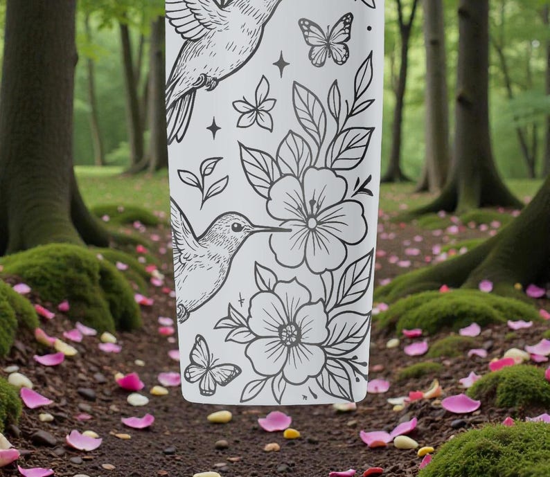 Puede incluir: Un vaso blanco con un dise&ntilde;o floral en blanco y negro, que incluye colibr&iacute;es y mariposas. El dise&ntilde;o presenta ilustraciones detalladas de flores, hojas y estrellas. El vaso es cil&iacute;ndrico y parece estar hecho de un material duradero.