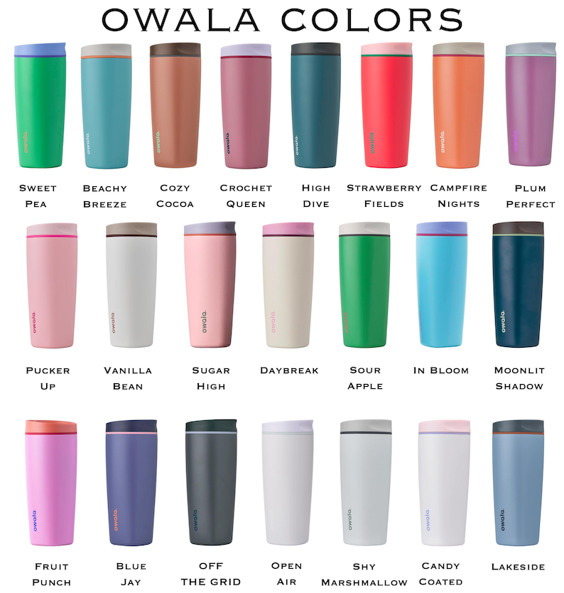 K&ouml;nnte beinhalten: Eine Sammlung von Owala-Isolierwasserflaschen in verschiedenen Farben, darunter Gr&uuml;n, Blau, Rosa und Orange. Jede Flasche hat einen unterschiedlich farbigen Deckel und ein Etikett mit dem Owala-Logo und einem eindeutigen Namen. Der Text "OWALA COLORS" steht oben.