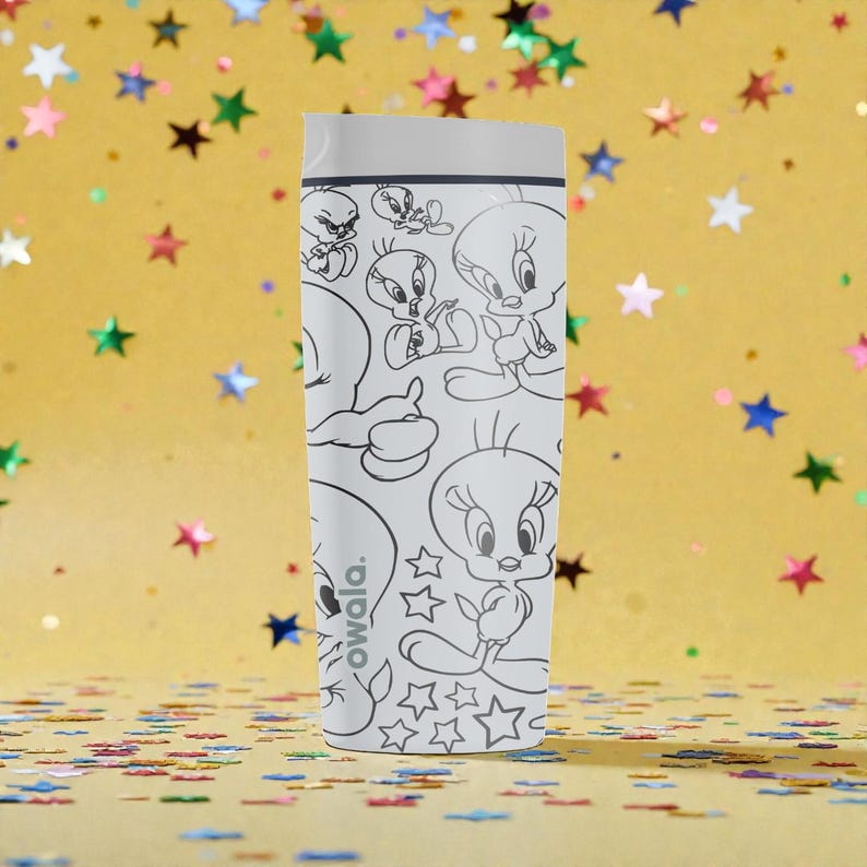 May include: A white Owala water bottle featuring a black and white cartoon design of Tweety Bird and other Looney Tunes characters. The bottle has a white lid and a slender, cylindrical shape.