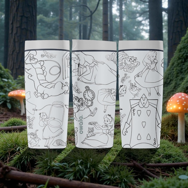 May include: Three white insulated water bottles with black line art illustrations of characters and scenes from Alice in Wonderland. The bottles have a gray lid and the word "owala" is printed on one of the bottles.