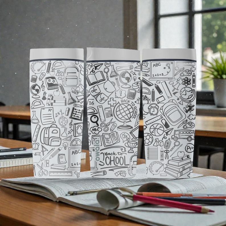 May include: Three white rectangular tumblers with lids, each covered in black and white school-themed doodles. The phrase "Back to School" is visible on one tumbler. The tumblers are on a wooden desk with an open book and pencils.