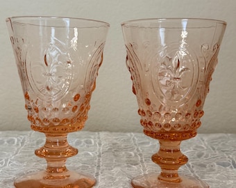 Set of 2 Rachel Ashwell Shabby Chic Pink Embossed Wine Glass Goblets, French Cottage Vintage Stemware