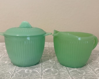 Vintage Fire-King Jadeite Jane Ray Creamer & Sugar Bowl Set with Lid, Mint Condition