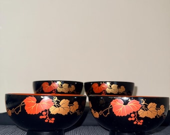 Vintage Japanese Lacquerware Bowls, Set of 4, Gold Grape Leaf Design