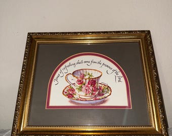Vintage Floral Teacup Art with Bible Verse- Framed Cottage Wall Decor