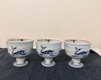 Vintage Japanese Arita Porcelain Pedestal Cups, Set of 3, Hand-Painted Deer Design, Sake Cup or Trinket Dish