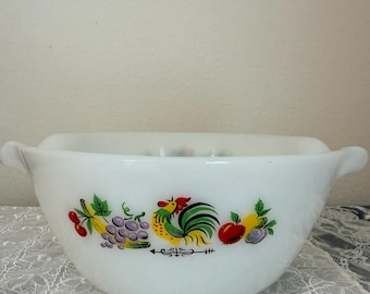 Vintage Fire-King Mixing Bowl Rooster Pattern Large Milk Glass Farmhouse Kitchen Decor