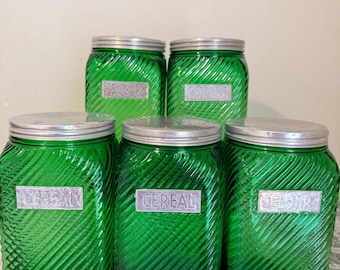 Vintage 1930s Owens-Illinois Green Glass Hoosier Large Canister Set of 5, Ribbed Swirl Jars