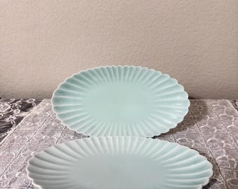 Vintage Arita Celadon Chrysanthemum Rim Oval Plates Set of 2 Japanese Porcelain
