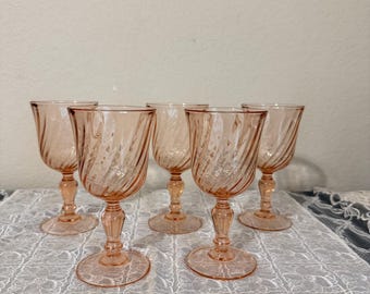 Vintage Arcoroc Rosaline Pink Swirl Wine Glasses, Set of 5, Made in France