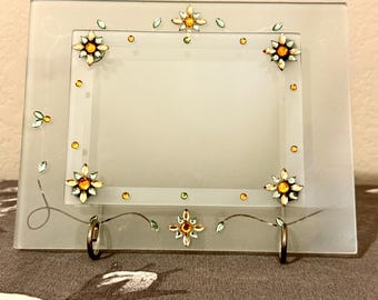Vintage Frosted Glass Jewelry Tray, Magnetic Picture Frame, Floral Rhinestone Vanity Decor