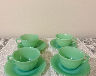 Set of 4 Vintage Fire King Jane Ray Jadeite Tea Cup and Saucer