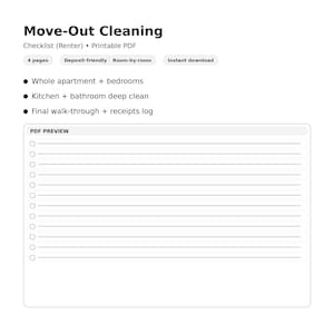 May include: A printable PDF checklist titled "Move-Out Cleaning" for renters. The checklist includes sections for the whole apartment, kitchen and bathroom deep clean, and final walk-through. The document is deposit-friendly and room-by-room.