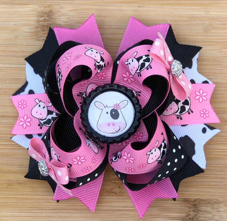 Pink And Black Boutique Cow Hair Bow image 1