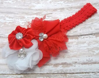 Flower Hair Bow Headband: Red and White Holiday Headband