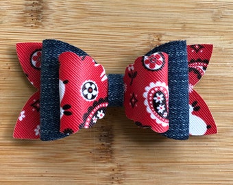 Denim & Red Bandana Hair Bow: Cowgirl Western Style