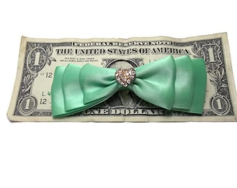 Satin Mint Green Hair Bow: Handmade Alligator Clip