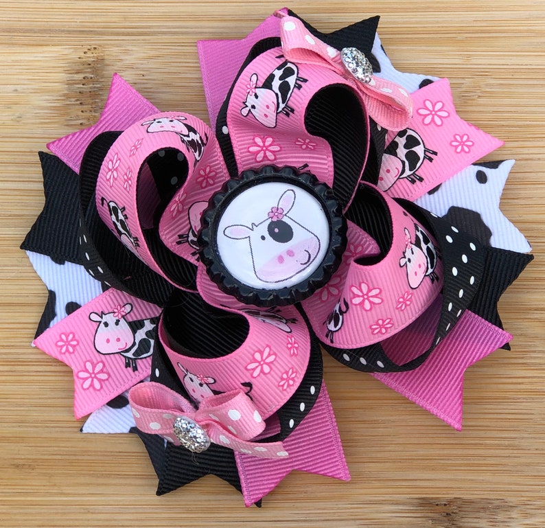 Pink And Black Boutique Cow Hair Bow image 2
